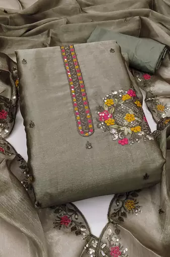 Women's green embrodiery barbari silk dress material