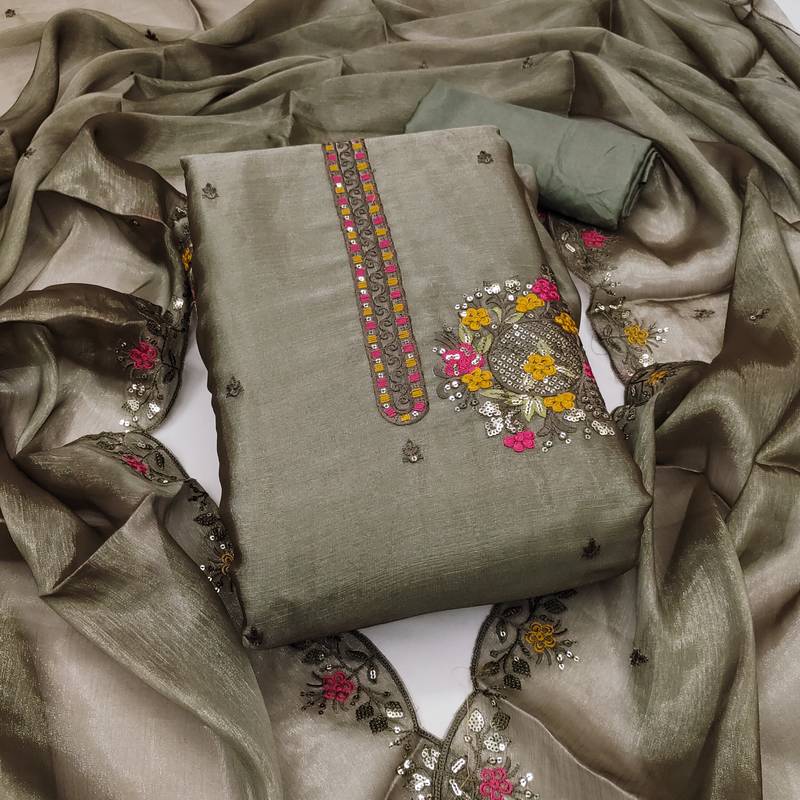 Women's green embrodiery barbari silk dress material