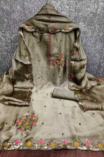  green embrodiery barbari silk dress material