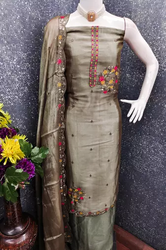  green embrodiery barbari silk dress material