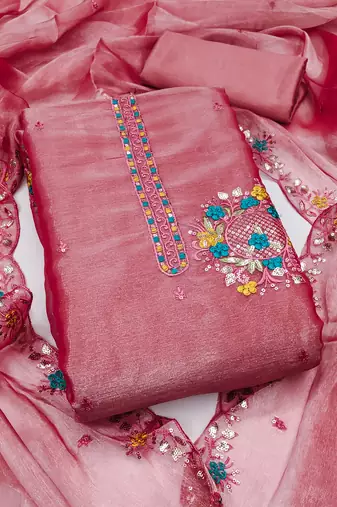Women's pink embrodiery barbari silk dress material