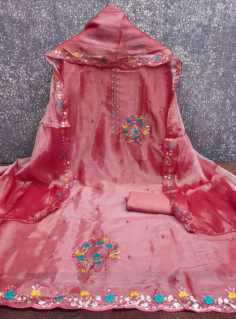 Women's pink embrodiery barbari silk dress material