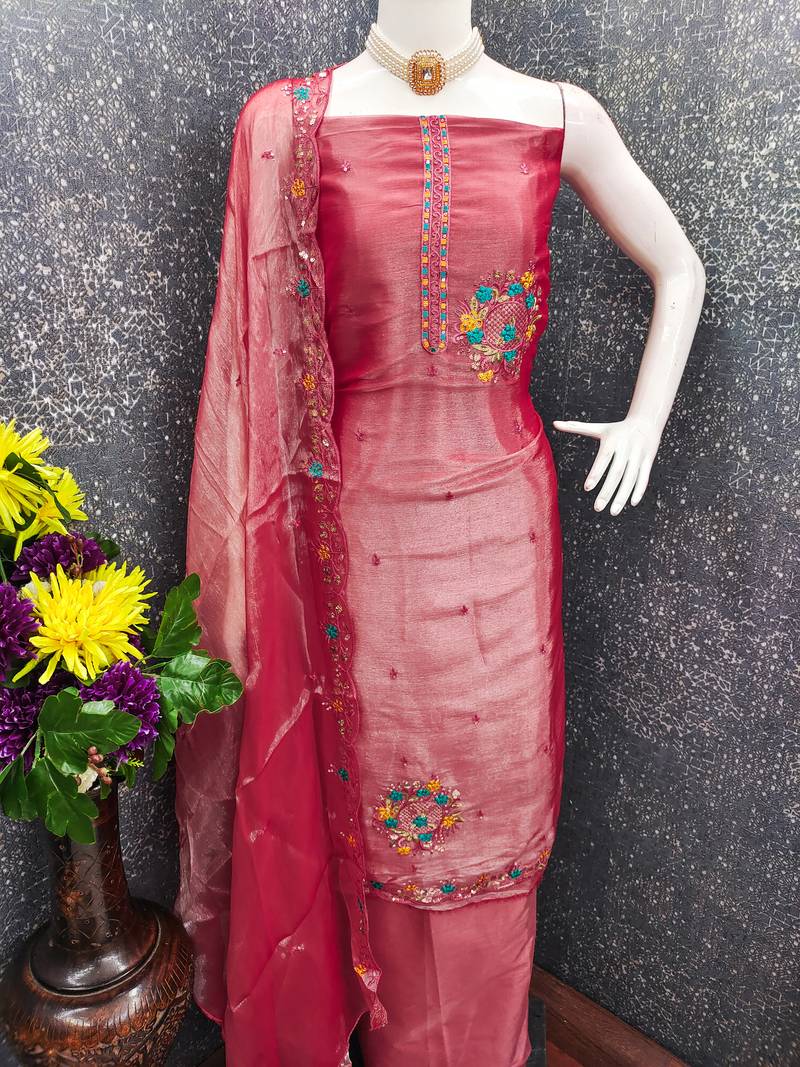 Women's pink embrodiery barbari silk dress material