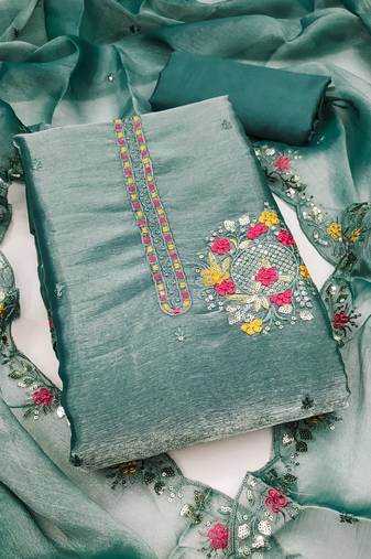 Women's sea green embrodiery barbari silk dress material