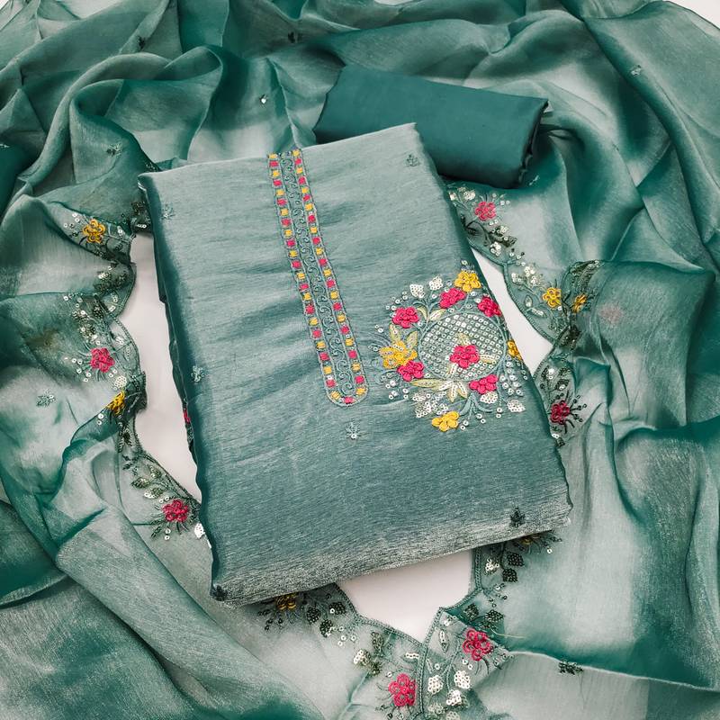 Women's sea green embrodiery barbari silk dress material