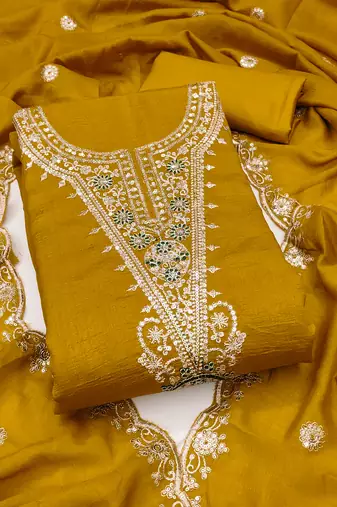 Women's mustard embrodiery silk dress material