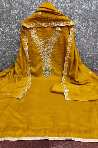  mustard embrodiery silk dress material