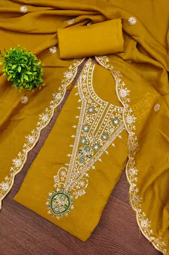  mustard embrodiery silk dress material