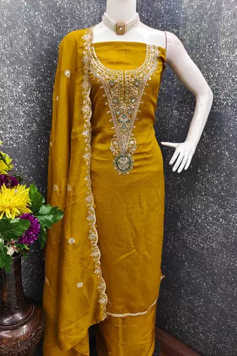  mustard embrodiery silk dress material