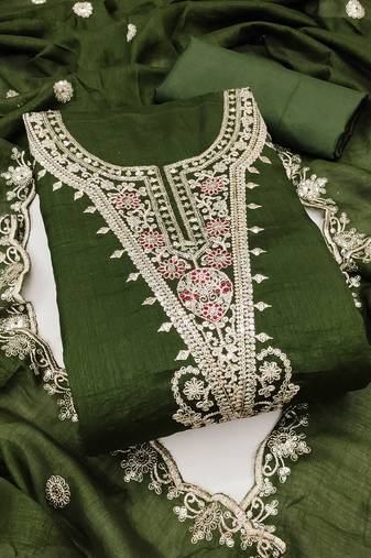 Women's olive green embrodiery silk dress material