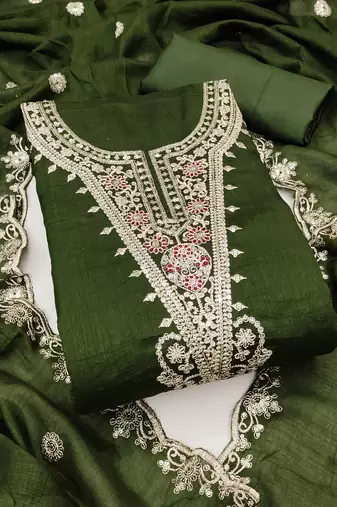 Women's olive green embrodiery silk dress material