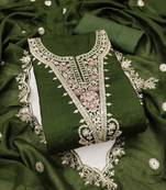 Women's olive green embrodiery silk dress material