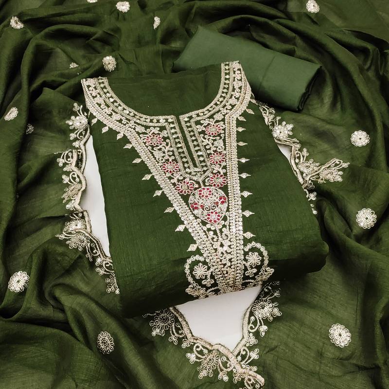 Women's olive green embrodiery silk dress material