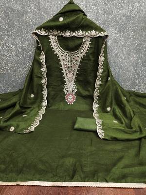  olive green embrodiery silk dress material 2