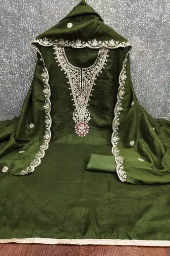  olive green embrodiery silk dress material