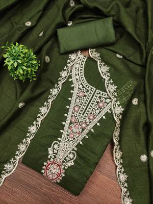  olive green embrodiery silk dress material 3