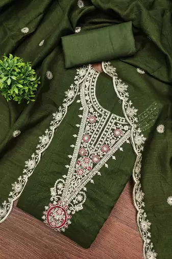  olive green embrodiery silk dress material