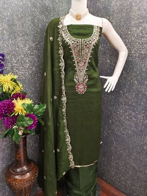  olive green embrodiery silk dress material 4