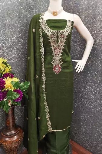  olive green embrodiery silk dress material