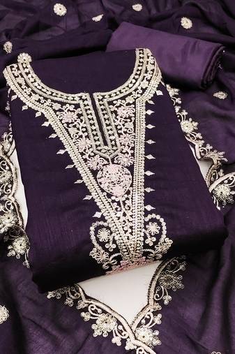 Women's purple embrodiery silk dress material