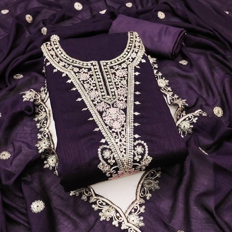 Women's purple embrodiery silk dress material