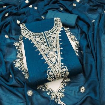  teal blue embrodiery silk dress material 1