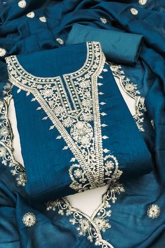 Women's teal blue embrodiery silk dress material