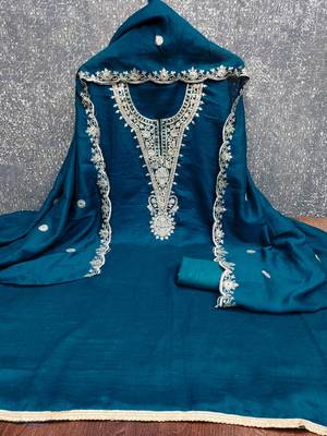  teal blue embrodiery silk dress material 2