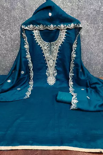  teal blue embrodiery silk dress material