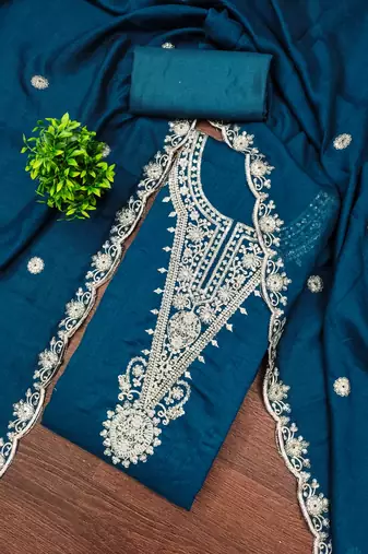  teal blue embrodiery silk dress material