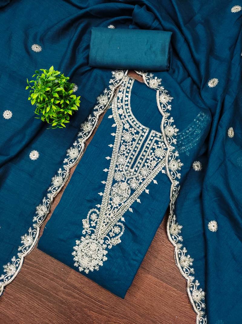 Women's teal blue embrodiery silk dress material