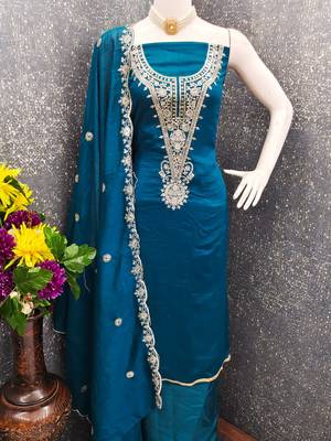  teal blue embrodiery silk dress material 4