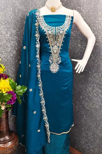  teal blue embrodiery silk dress material