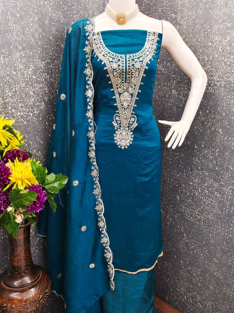 Women's teal blue embrodiery silk dress material