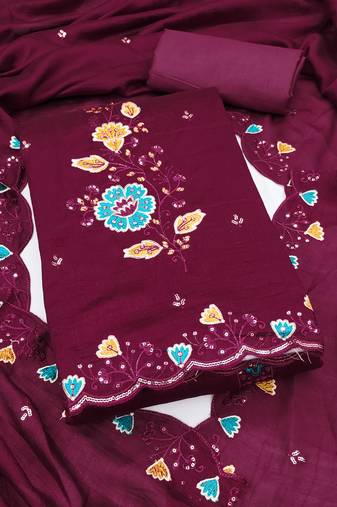 Women's maroon embrodiery silk dress material