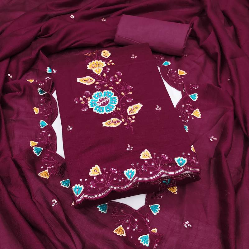 Women's maroon embrodiery silk dress material