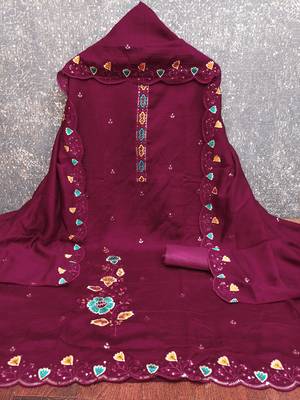  maroon embrodiery silk dress material 2