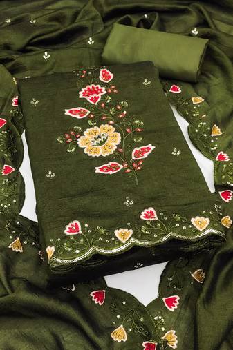 Women's olive green embrodiery silk dress material