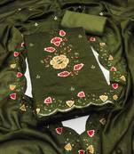 Women's olive green embrodiery silk dress material