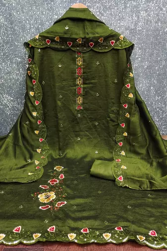  olive green embrodiery silk dress material