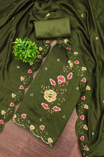  olive green embrodiery silk dress material