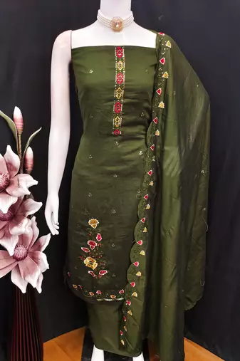  olive green embrodiery silk dress material