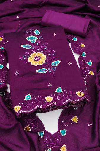 Women's purple embrodiery silk dress material