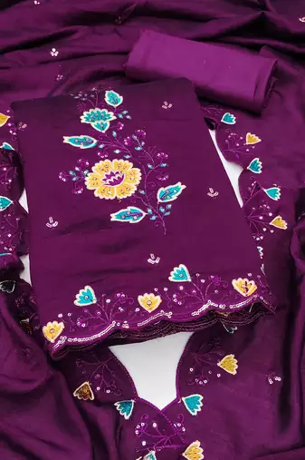 Women's purple embrodiery silk dress material