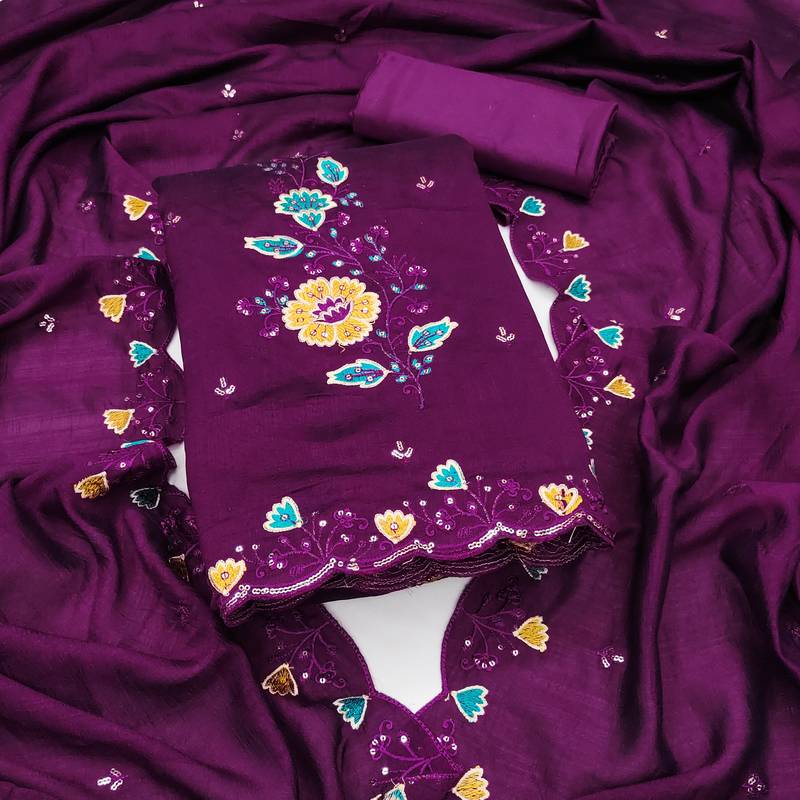 Women's purple embrodiery silk dress material