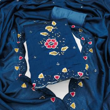  teal blue embrodiery silk dress material 1