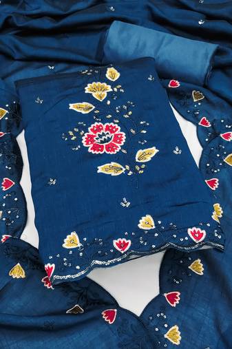 Women's teal blue embrodiery silk dress material