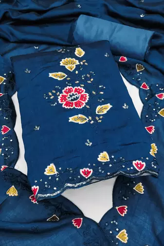 Women's teal blue embrodiery silk dress material