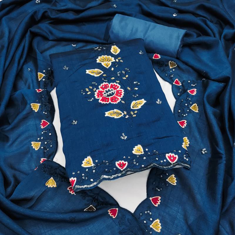 Women's teal blue embrodiery silk dress material