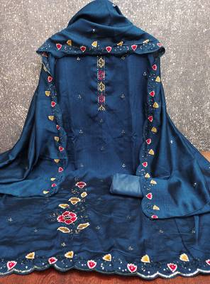  teal blue embrodiery silk dress material 2